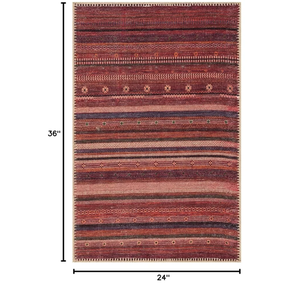 Keen Home NWT 2'x3' Boho Striped Rug Non-Slip Macine Washable In Burgundy/Blue